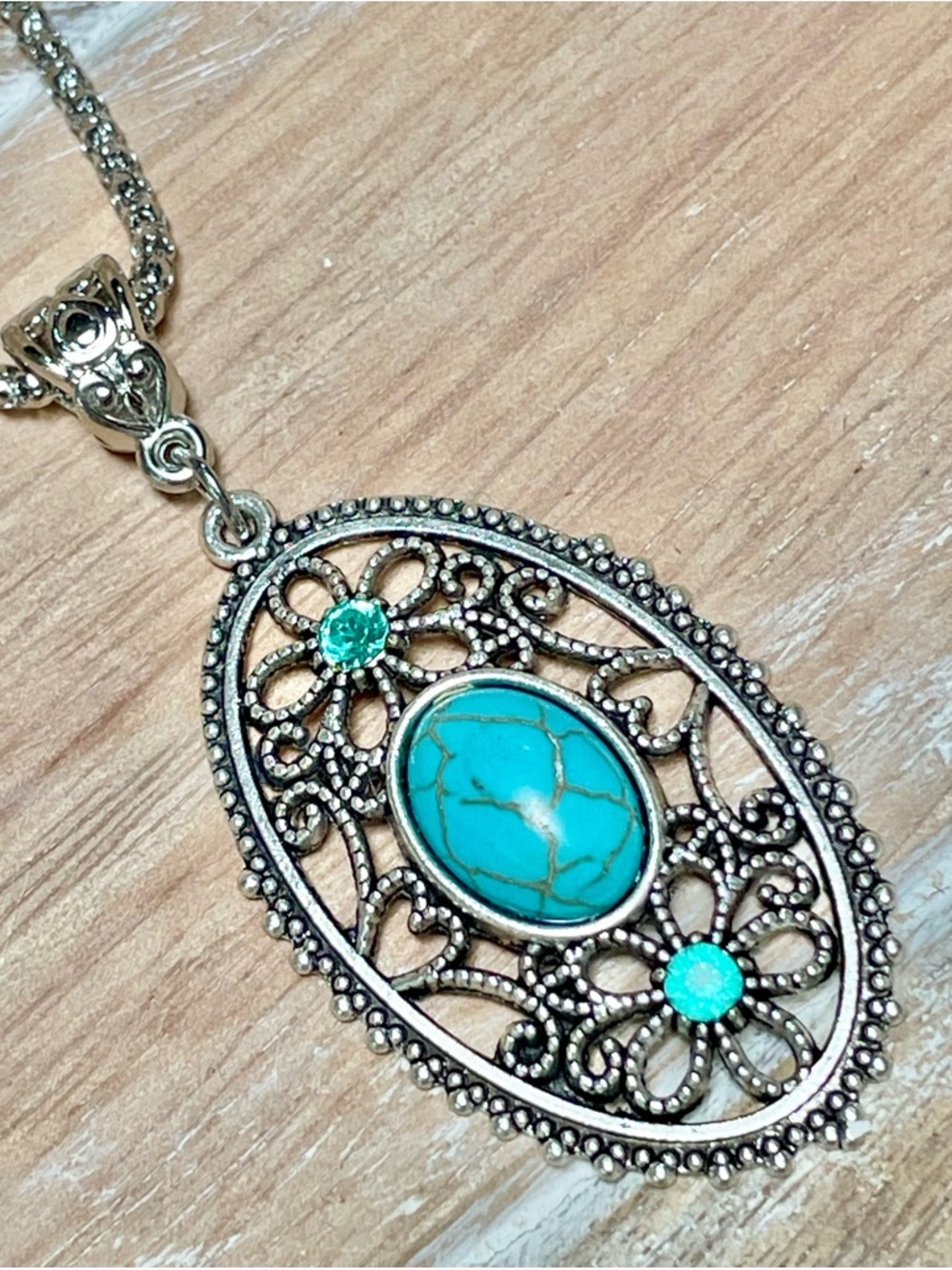 Silver Filigree Turquoise Oval Pendant Necklace - Women Jewelry